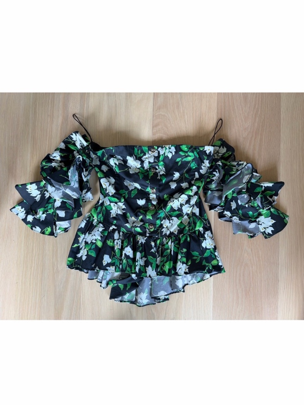 Caroline Constas Black Floral Off-Shoulder Ruffled Peplum Top